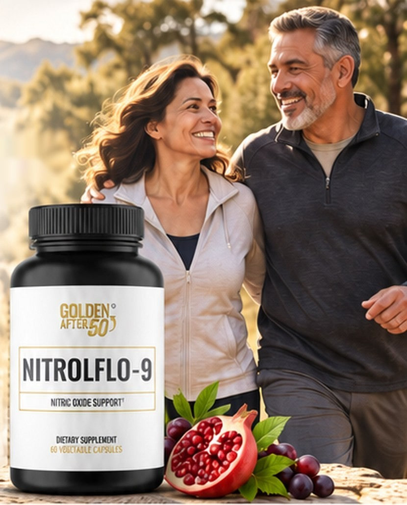 Pareja sonriente de más de 50 años caminando al aire libre junto a un frasco de NitrolFlo-9